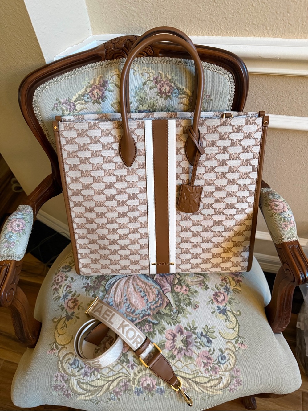 Michael Kors Brown and White MK Signature Stripe Tote